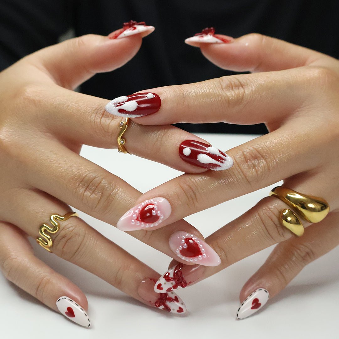 Valentine's Kiss- Red and White Valentine’s Day Press-On Nails – Heart and bow designs, handmade with 3D gel for holiday, vacation, birthday nails, or a gift for her. red presson nails pink press on nails