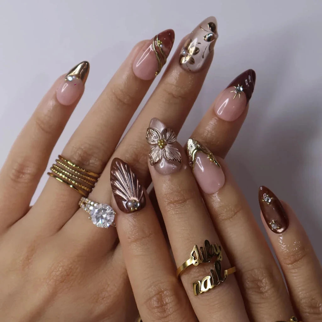 3D chocolate brown and bronze press on nails with gold leaf appliqué and shell texture, embellished with crystals and 3D floral accents — custom press on nails, luxury handmade nail art, fake nails, false nails, pressons — perfect for prom, date night, and formal events