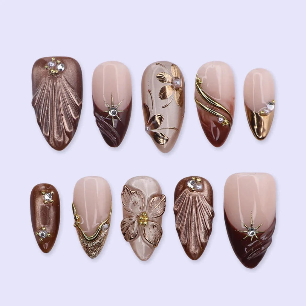 3D chocolate brown and bronze press on nails with gold leaf appliqué and shell texture, embellished with crystals and 3D floral accents — custom press on nails, luxury handmade nail art, fake nails, false nails, pressons — perfect for prom, date night, and formal events