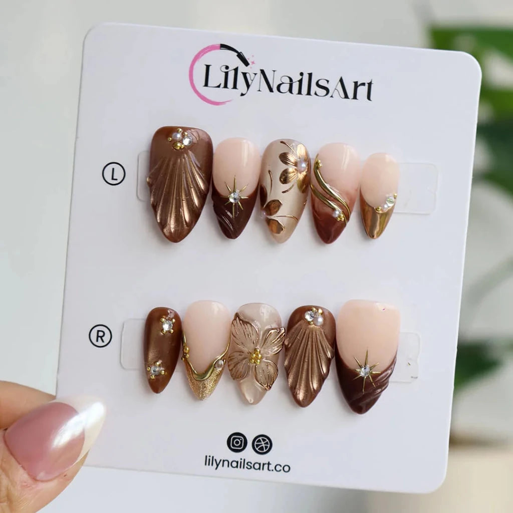3D chocolate brown and bronze press on nails with gold leaf appliqué and shell texture, embellished with crystals and 3D floral accents — custom press on nails, luxury handmade nail art, fake nails, false nails, pressons — perfect for prom, date night, and formal events