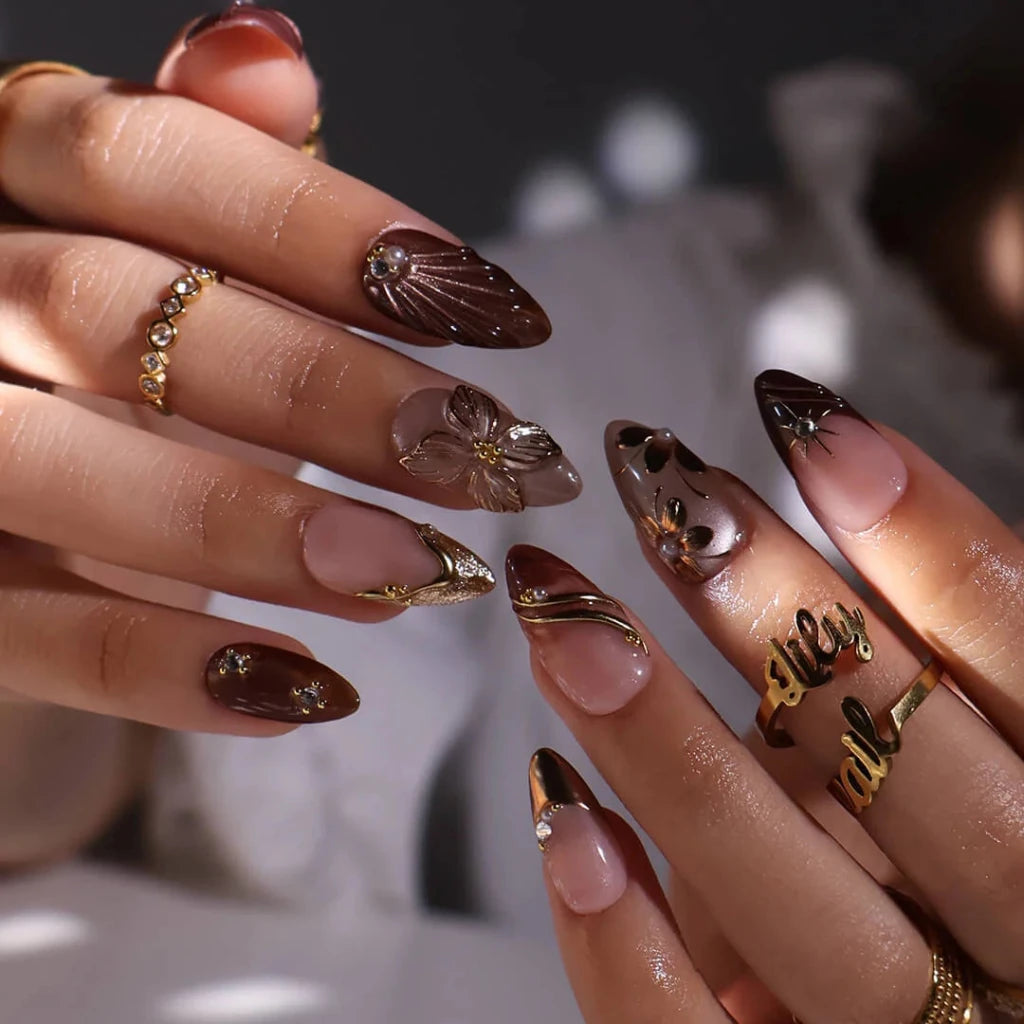 3D chocolate brown and bronze press on nails with gold leaf appliqué and shell texture, embellished with crystals and 3D floral accents — custom press on nails, luxury handmade nail art, fake nails, false nails, pressons — perfect for prom, date night, and formal events