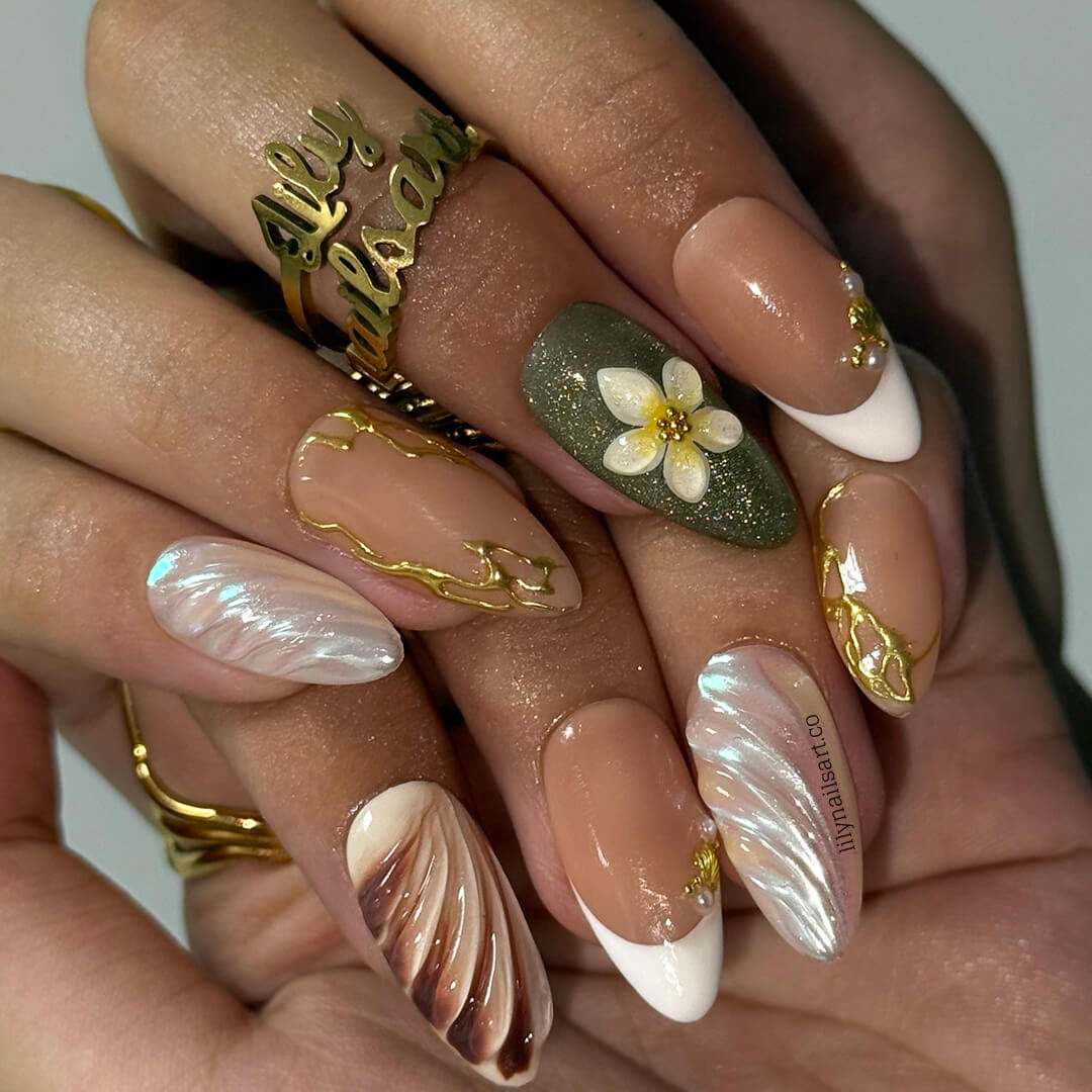 3D press-on nails featuring sculpted flowers, seashell swirl textures, pearl accents, and gold linework — handmade custom nails in earthy sage green, bronze, nude, and soft white tones — perfect for destination weddings, luxury getaways, or elegant summer days, holiday