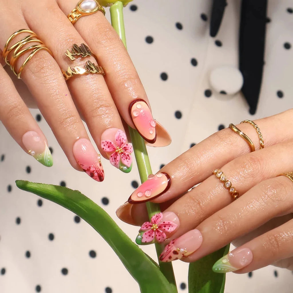 Handmade Pink press on nails with 3D Tropical Floral, Medium Almond luxury handmade nail art, false nails, pressons — perfect for Holiday, Vacation, Birthday