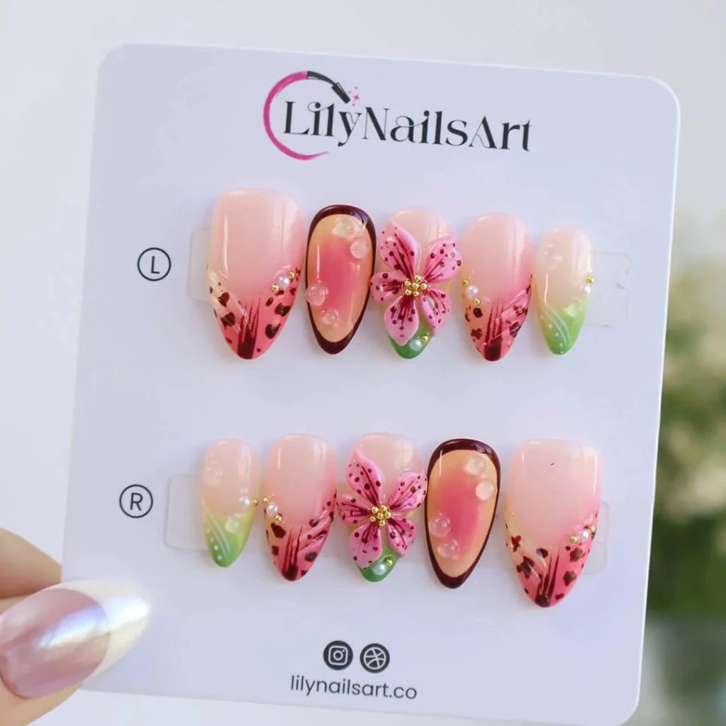 Handmade Pink press on nails with 3D Tropical Floral, Medium Almond luxury handmade nail art, false nails, pressons — perfect for Holiday, Vacation, Birthday