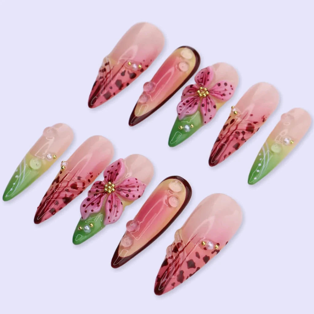 Handmade Pink press on nails with 3D Tropical Floral, Long Almond luxury handmade nail art, false nails, pressons — perfect for Holiday, Vacation, Birthday