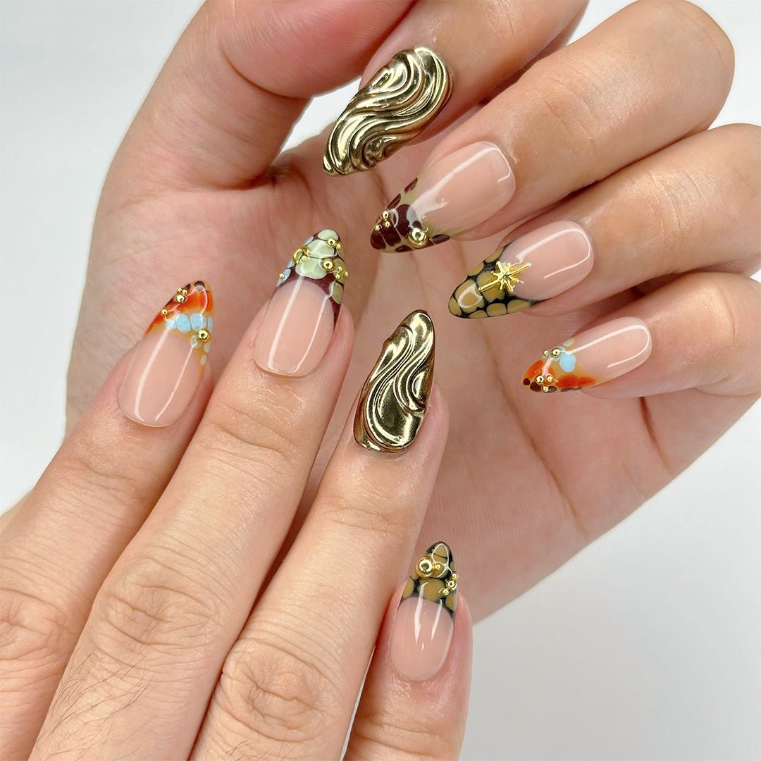 Handmade Luxe Mosaic Press-On Nails – skin tones with gold chrome accents, mosaic patterns, and star details. Perfect for holidays, birthdays, vacations, or as a luxurious gift for her. french tips chrome 3d nails press ons