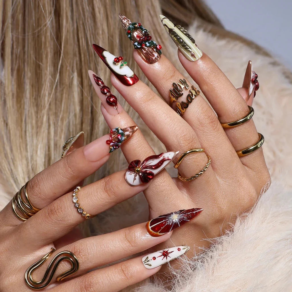 3D red and white Christmas 2025 press on nails with reindeer, snowflakes, candy cane, wreath, tree and gold accents — luxury custom holiday nails, false nails, fake nails, pressons — perfect for Christmas parties, winter events, or as a festive gift for her.