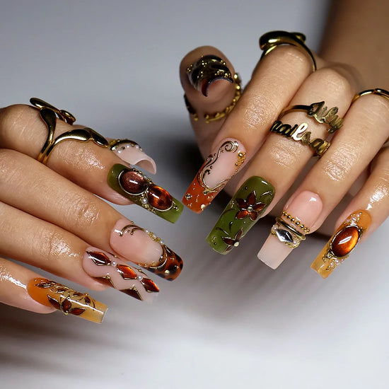 tertoise brown & green handmade fall press-on nails — maximalist long square set with amber gemstones, gold filigree and floral detail
