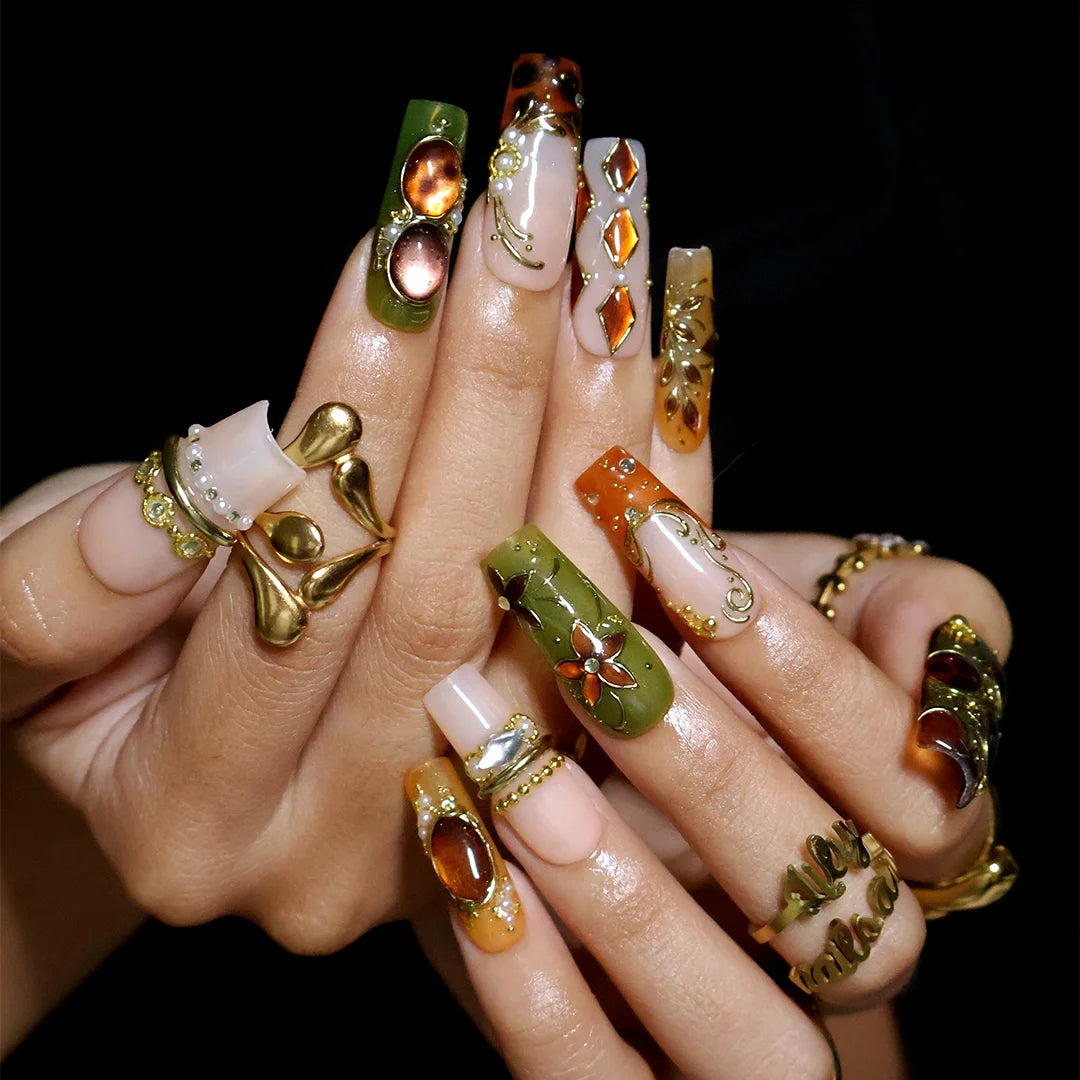 tertoise brown & green handmade fall press-on nails — maximalist long square set with amber gemstones, gold filigree and floral detail
