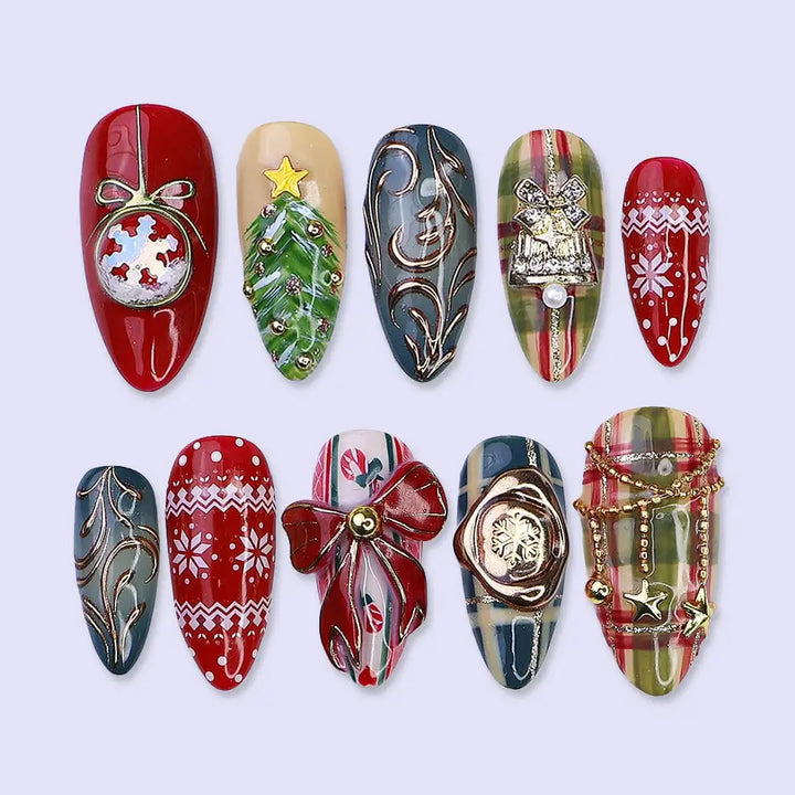 3D maximalist Christmas press-on nails with plaid, ornaments, snowflakes, and bows in red, green, and gold — handmade nail art, luxury press-on nails, reusable false nails, perfect for holiday glam or festive gifts.