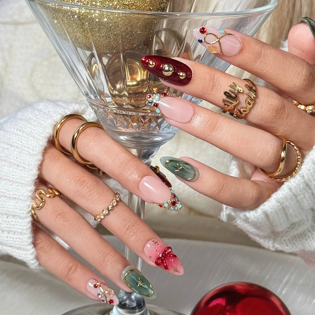 3D renaissance holiday press on nails with Christmas plaid, pearl wreath, candy cane charms, gold ornaments, and snowflake accents — handmade festive nail art for parties or gifting.