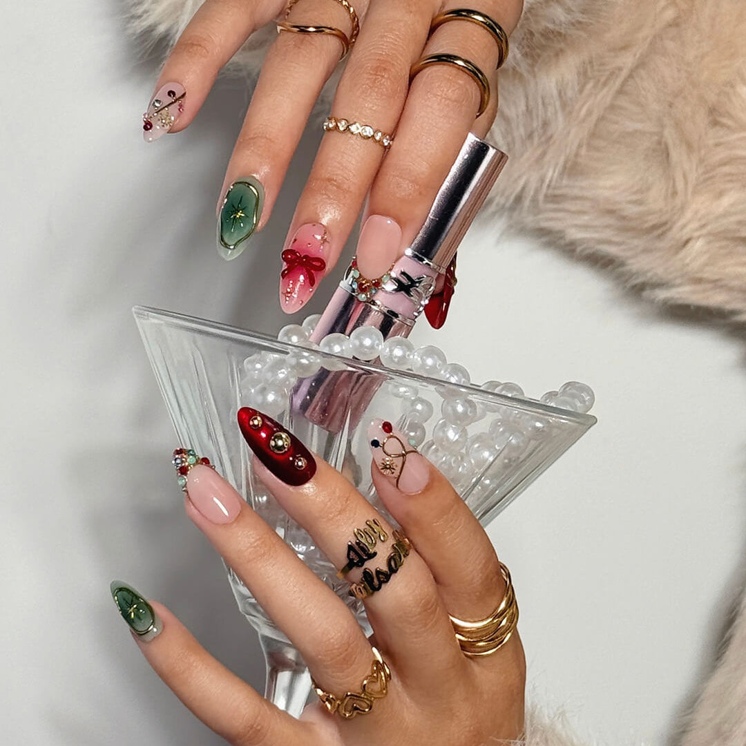 3D renaissance holiday press on nails with Christmas plaid, pearl wreath, candy cane charms, gold ornaments, and snowflake accents — handmade festive nail art for parties or gifting.