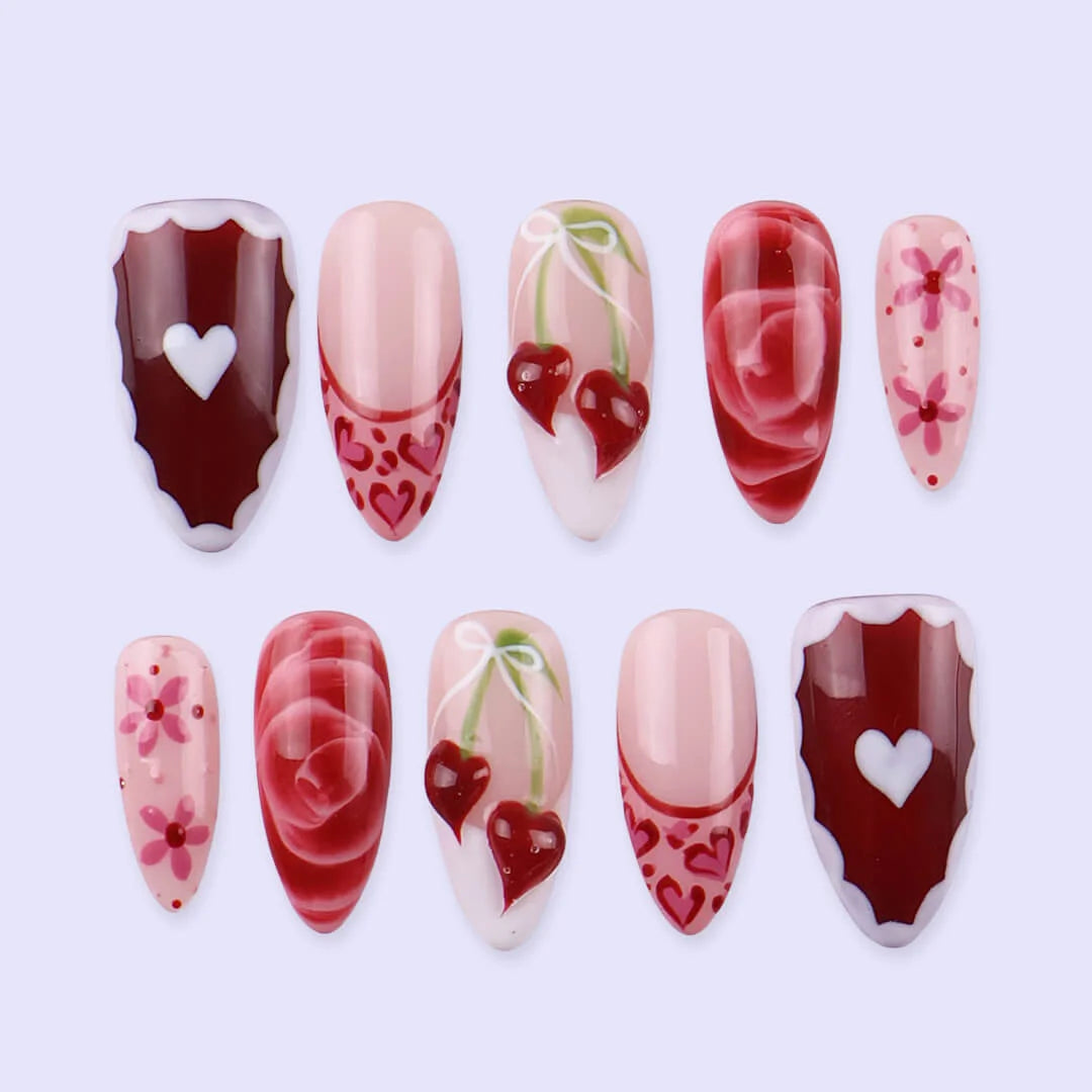 Handmade Red press on nails with Cherry Love & French Tip, Medium Almond luxury handmade nail art, false nails, pressons — perfect for Valentine Date Night 