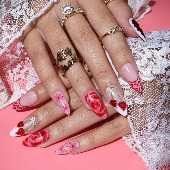 Handmade Red press on nails with Cherry Love & French Tip, Medium Almond luxury handmade nail art, false nails, pressons — perfect for Valentine Date Night 