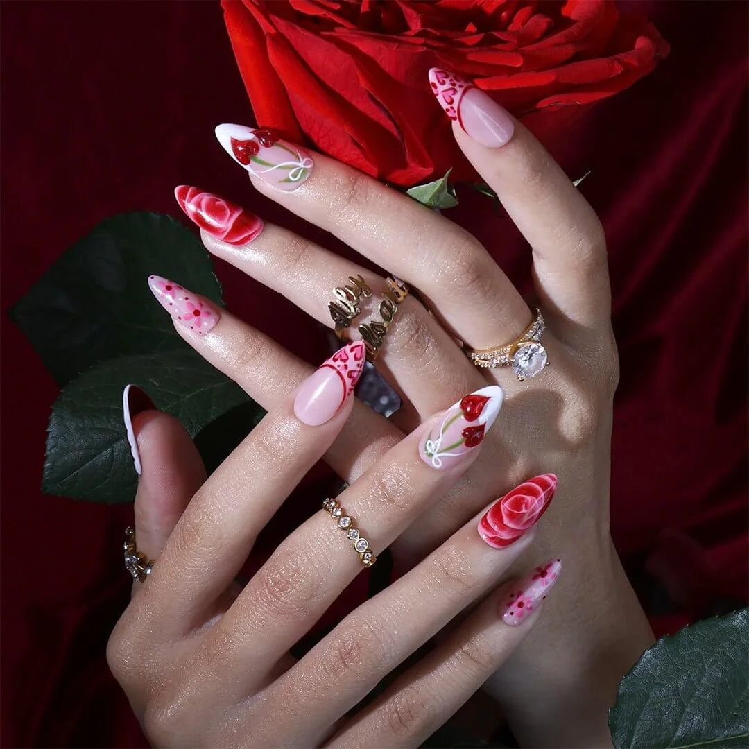 Handmade Red press on nails with Cherry Love & French Tip, Medium Almond luxury handmade nail art, false nails, pressons — perfect for Valentine Date Night 