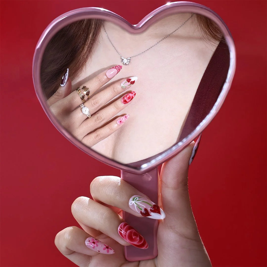 Handmade Red press on nails with Cherry Love & French Tip, Medium Almond luxury handmade nail art, false nails, pressons — perfect for Valentine Date Night 