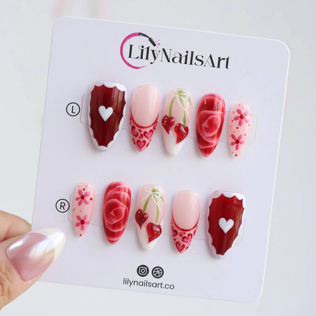 Handmade Red press on nails with Cherry Love & French Tip, Medium Almond luxury handmade nail art, false nails, pressons — perfect for Valentine Date Night 