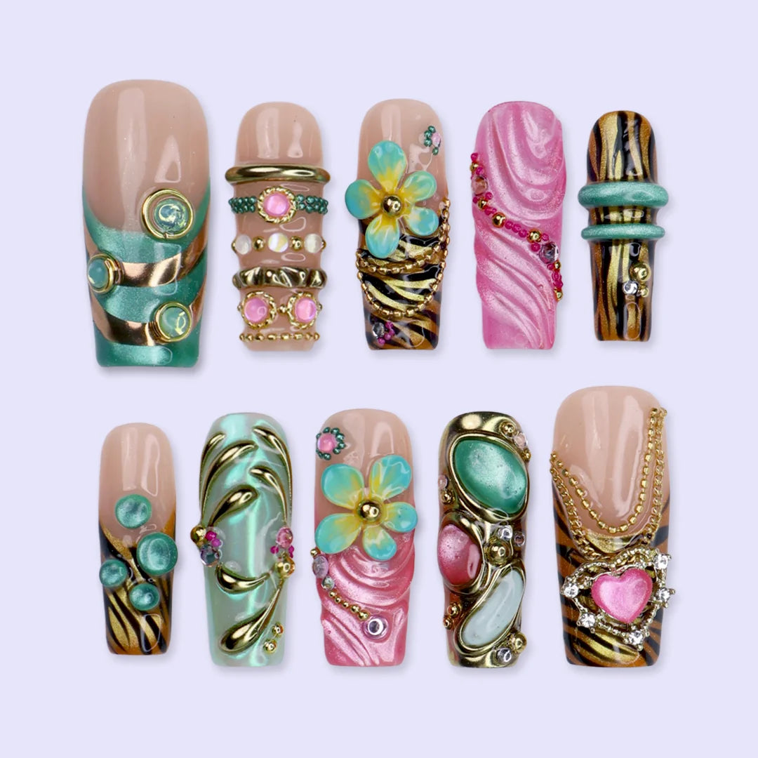 pink & tiffaniy handmade press-on nails — maximalist long square set with gold tiger print, cat-eye gems, 3D daisies and heart charm
