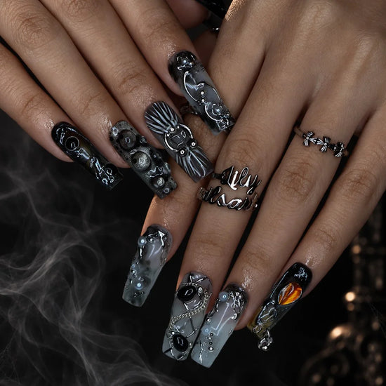Alchemy gothic press on nails in smoky grey, black and olive with amber and onyx cabochons, silver hoops, chains and bubbling pearl textures — handmade Halloween press on nails, long square fake nails and witchy gothic nail art.
