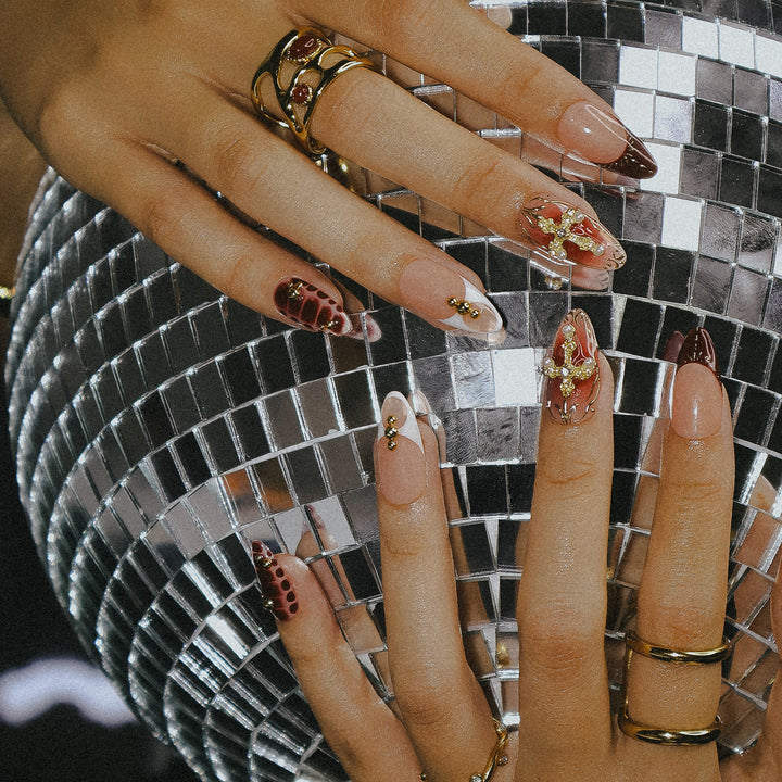 Luxury red and nude press on nails with gold cross charms, pearl embellishments, and crocodile texture accents — premium handmade press on nails, gothic nail art, elegant custom fake nails, false nails, pressons — perfect for church events, gothic fashion, special occasions, or luxury nail lovers.