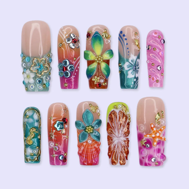 Bellini handmade summer press-on nails — maximalist long square set with 3D hibiscus, seahorse, starfish and shells in coral pink and teal
