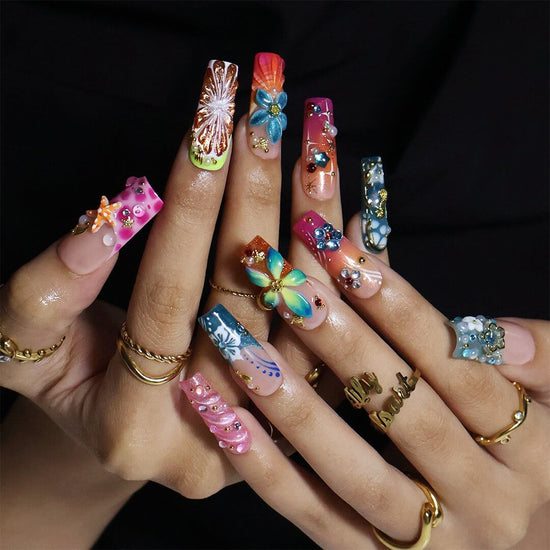 Bellini handmade summer press-on nails — maximalist long square set with 3D hibiscus, seahorse, starfish and shells in coral pink and teal
