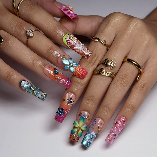 Bellini handmade summer press-on nails — maximalist long square set with 3D hibiscus, seahorse, starfish and shells in coral pink and teal
