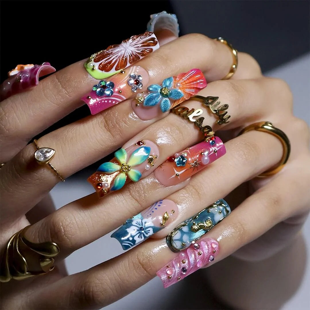 Bellini handmade summer press-on nails — maximalist long square set with 3D hibiscus, seahorse, starfish and shells in coral pink and teal
