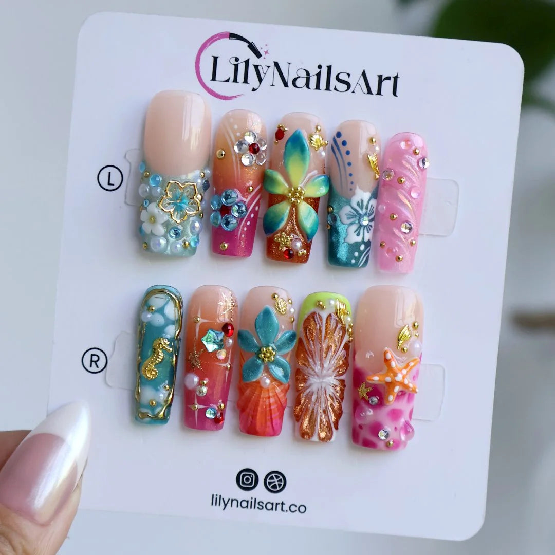 Bellini handmade summer press-on nails — maximalist long square set with 3D hibiscus, seahorse, starfish and shells in coral pink and teal
