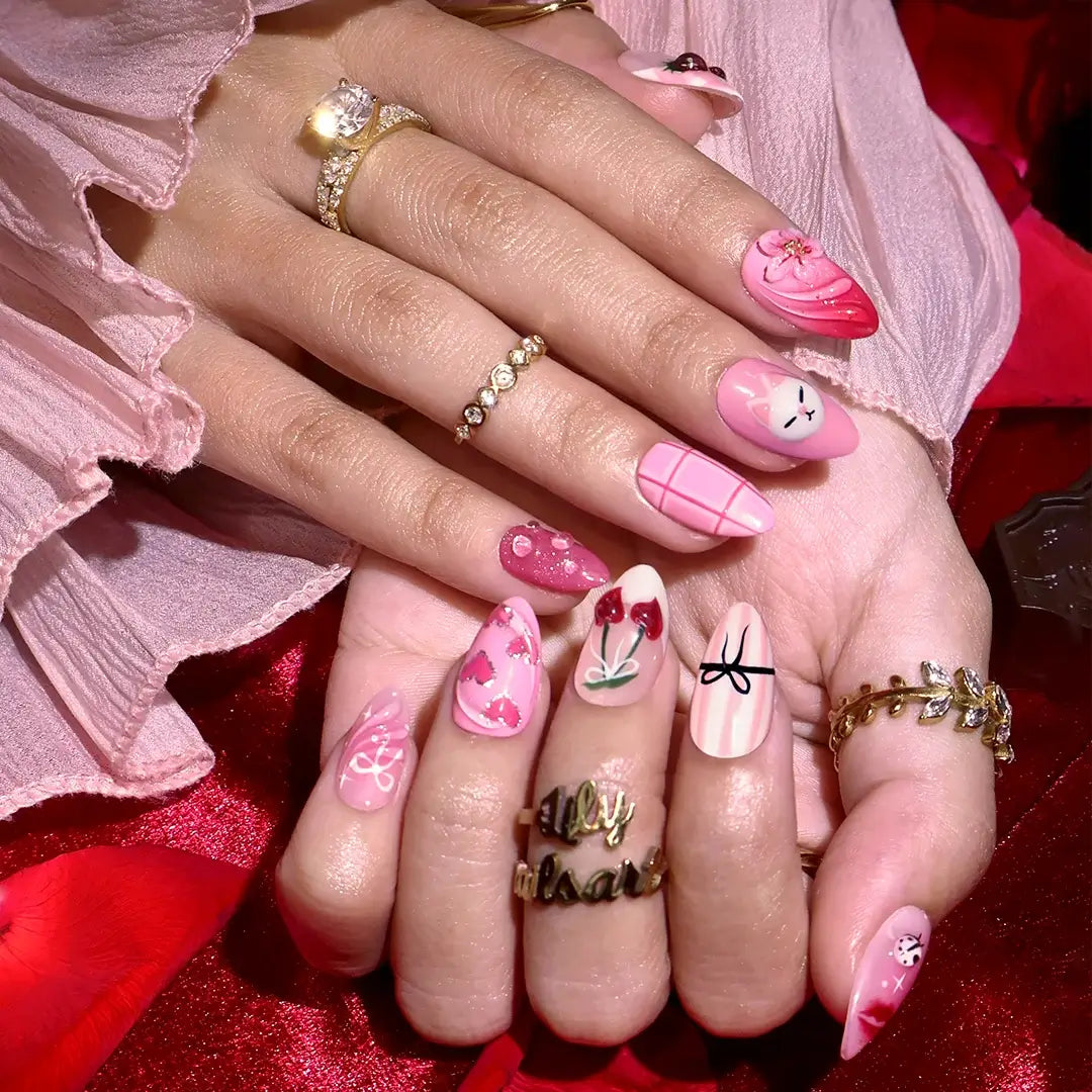 Handmade Pink press on nails with Strawberry, Cute Cat & Love Heart, Short Almond luxury handmade nail art, false nails, pressons — perfect for Valentine Date Night 