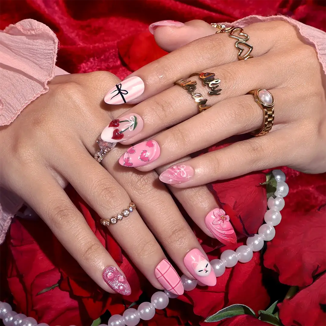 Handmade Pink press on nails with Strawberry, Cute Cat & Love Heart, Short Almond luxury handmade nail art, false nails, pressons — perfect for Valentine Date Night 