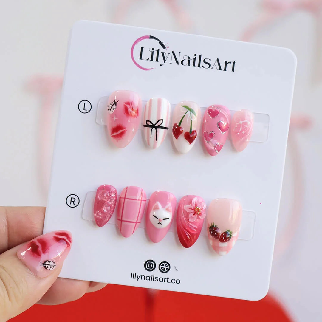 Handmade Pink press on nails with Strawberry, Cute Cat & Love Heart, Short Almond luxury handmade nail art, false nails, pressons — perfect for Valentine Date Night 