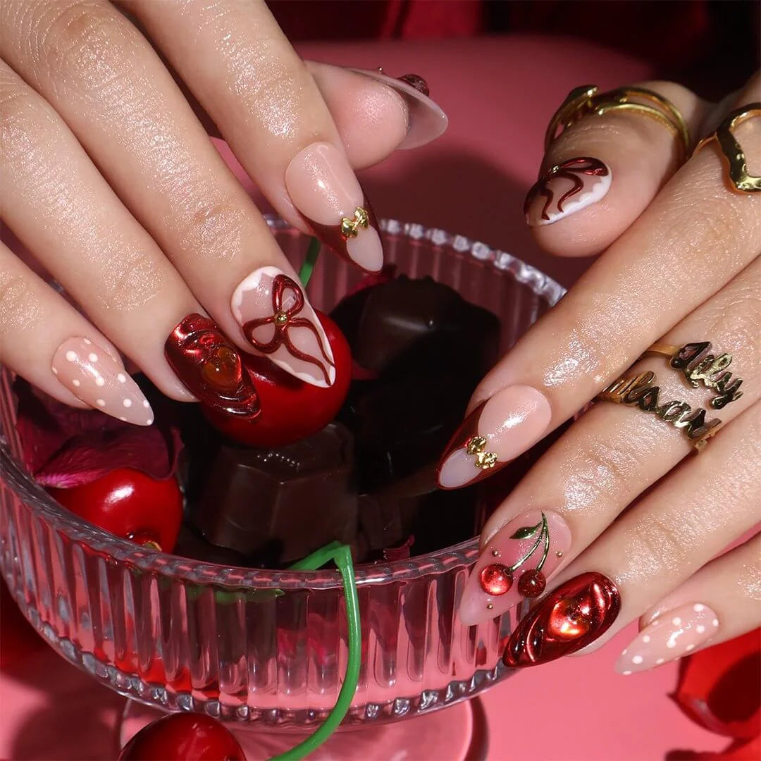 Handmade Red press on nails with Cherry, Bow & 3D Heart, Short Almond luxury handmade nail art, false nails, pressons — perfect for Valentine Date Night 