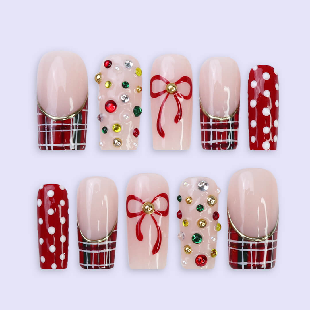 3D red plaid custom press on nails with white polka dots, red ribbon art, and colorful gemstone accents — custom holiday nail set, handmade Christmas fake nails, false pressons — perfect for gifting, parties, or festive looks
