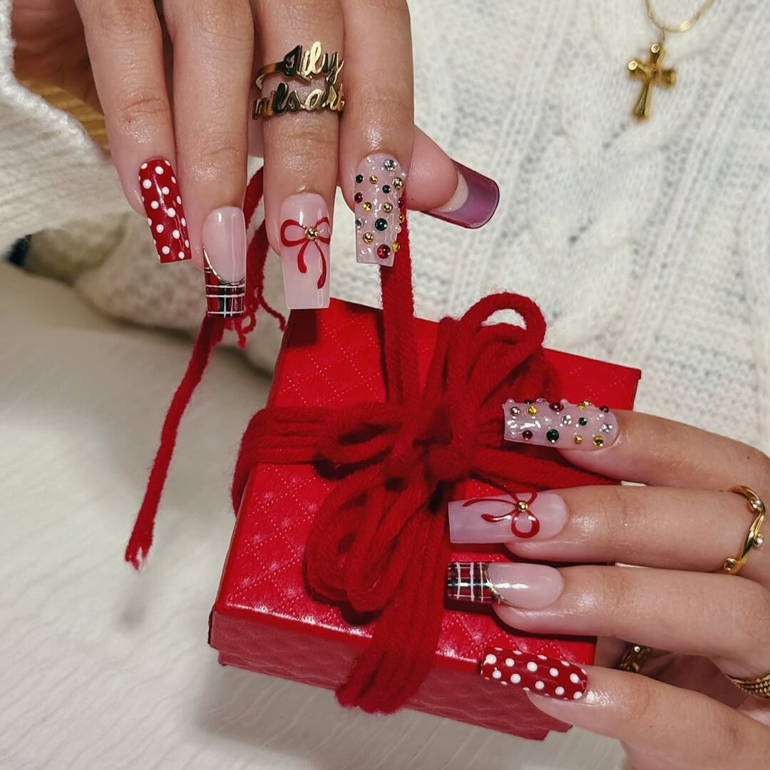 3D red plaid custom press on nails with white polka dots, red ribbon art, and colorful gemstone accents — custom holiday nail set, handmade Christmas fake nails, false pressons — perfect for gifting, parties, or festive looks