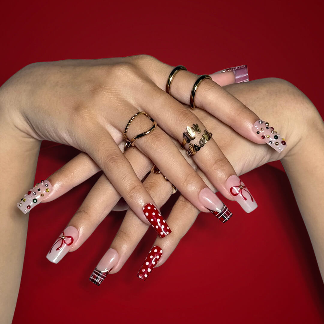 3D red plaid custom press on nails with white polka dots, red ribbon art, and colorful gemstone accents — custom holiday nail set, handmade Christmas fake nails, false pressons — perfect for gifting, parties, or festive looks