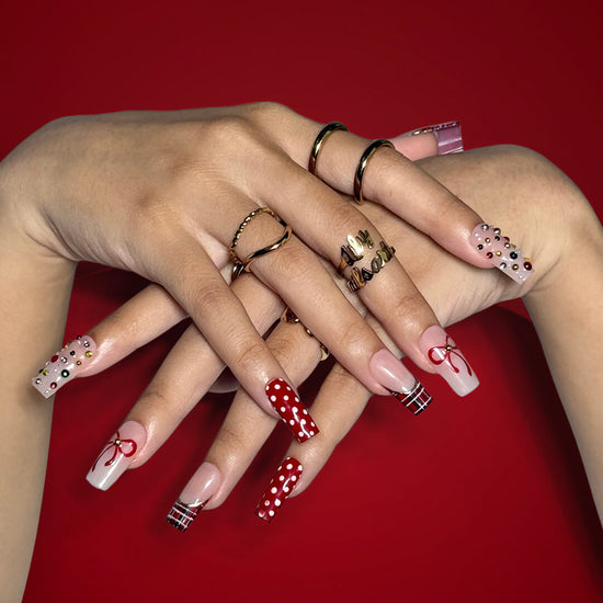 3D red plaid custom press on nails with white polka dots, red ribbon art, and colorful gemstone accents — custom holiday nail set, handmade Christmas fake nails, false pressons — perfect for gifting, parties, or festive looks