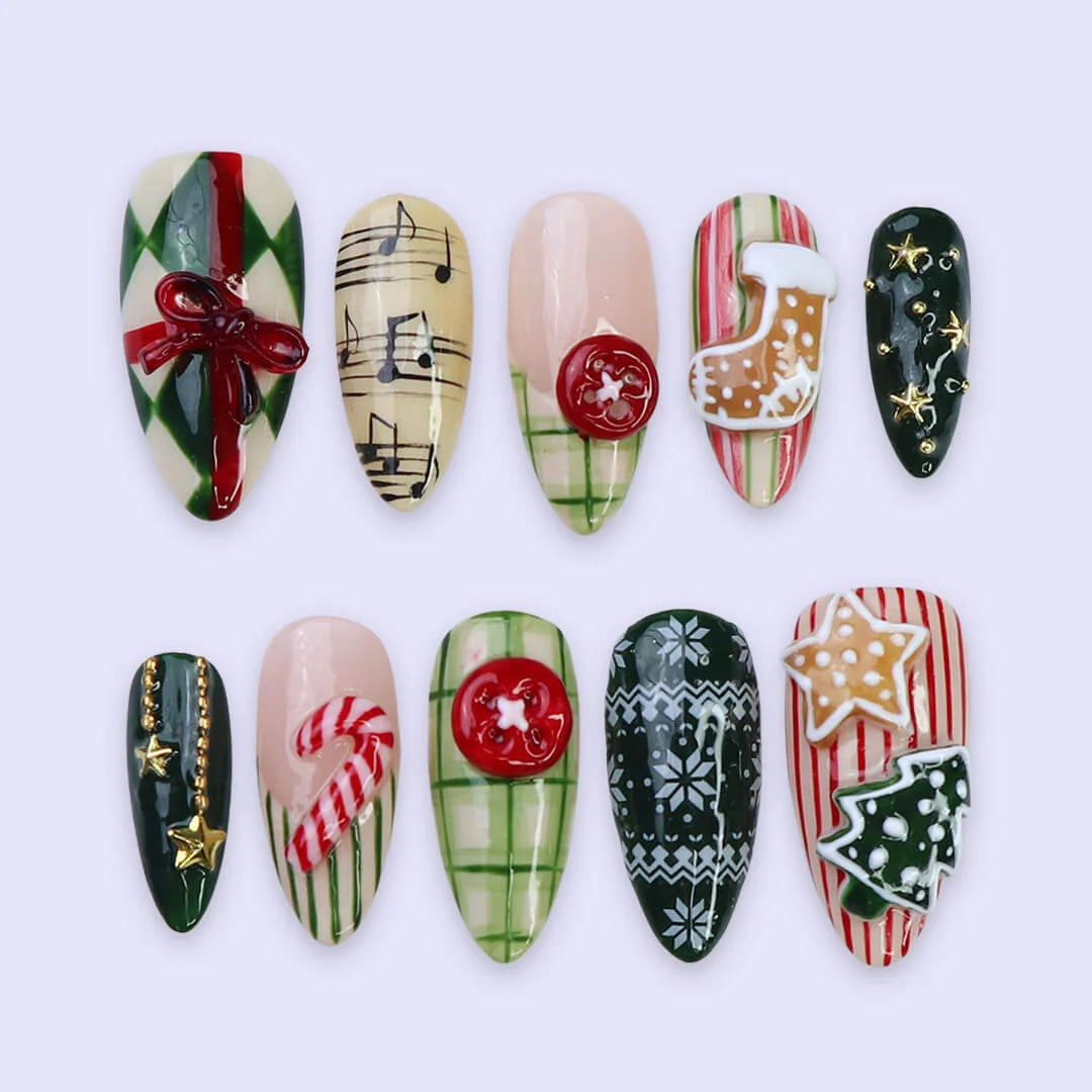 3D Christmas press on nails with plaid, candy cane, gingerbread, and star accents — custom press on nails, luxury handmade nail art, fake nails, false nails, pressons — perfect for holiday parties or festive winter gifts