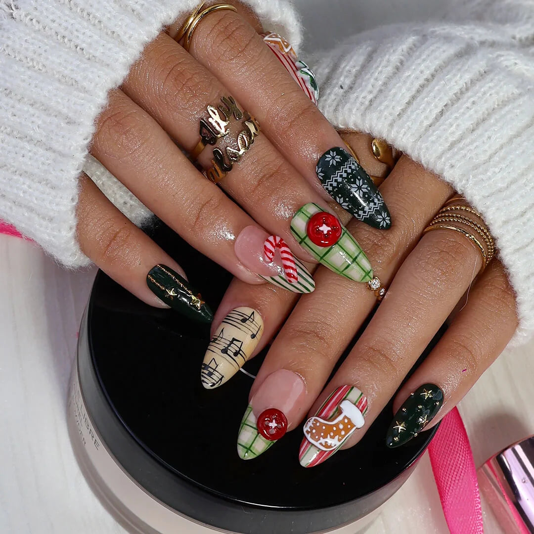 3D Christmas press on nails with plaid, candy cane, gingerbread, and star accents — custom press on nails, luxury handmade nail art, fake nails, false nails, pressons — perfect for holiday parties or festive winter gifts