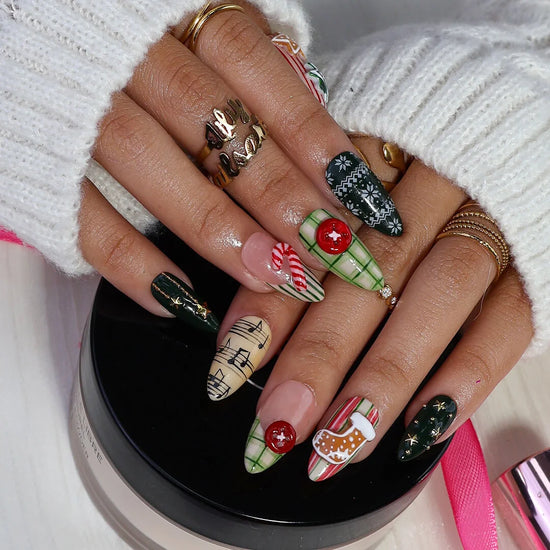 3D Christmas press on nails with plaid, candy cane, gingerbread, and star accents — custom press on nails, luxury handmade nail art, fake nails, false nails, pressons — perfect for holiday parties or festive winter gifts