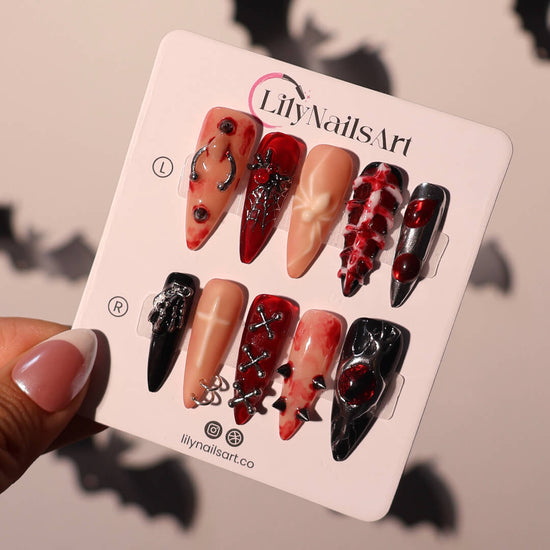 Dark_Omen Halloween press-on nails with gothic spiderweb, blood-red tones, black chrome accents, and 3D details — luxury handmade nail art, reusable false nails, fake nails, press-ons — perfect for spooky season, gothic nights, or costume parties.
