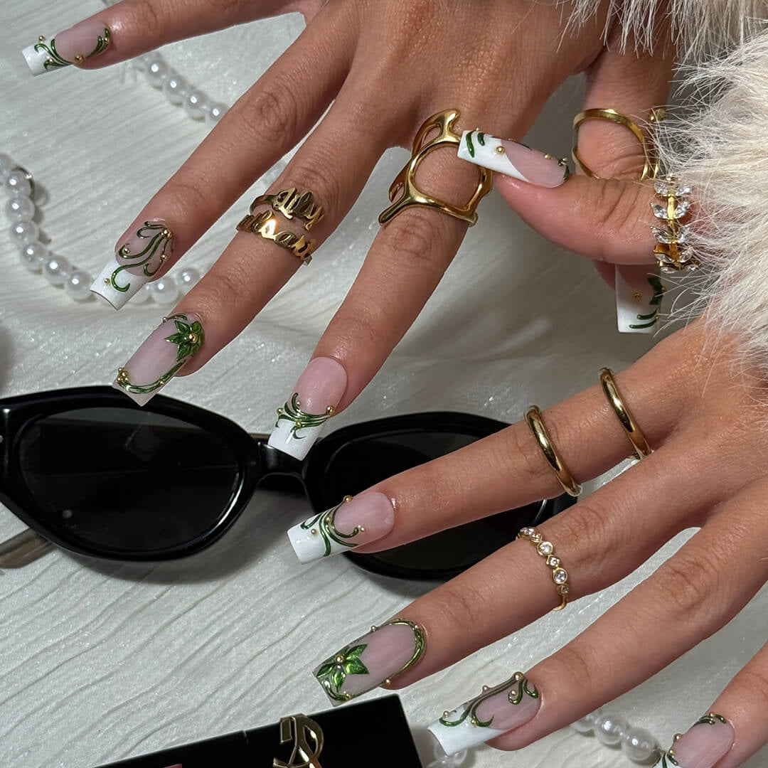 3D emerald ivy press on nails with green renaissance-style leaf accents, gold pearls, and white French tips — holiday-ready custom handmade nail art, reusable and elegant — perfect for Christmas, winter glam, or as a luxury nail gift for her.