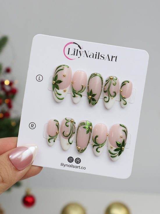 3D emerald ivy press on nails with green renaissance-style leaf accents, gold pearls, and white French tips — holiday-ready custom handmade nail art, reusable and elegant — perfect for Christmas, winter glam, or as a luxury nail gift for her.