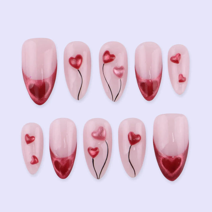 Handmade Pink press on nails with Sweet Heart & French Tip, Medium Almond luxury handmade nail art, false nails, pressons — perfect for Valentine Date Night 