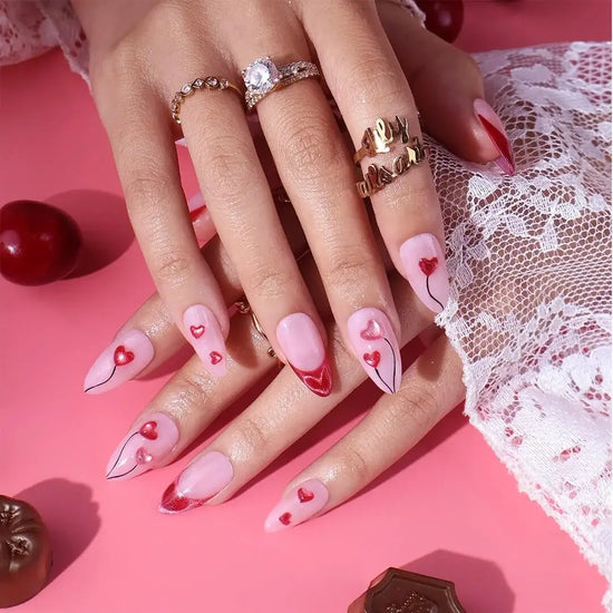Handmade Pink press on nails with Sweet Heart & French Tip, Medium Almond luxury handmade nail art, false nails, pressons — perfect for Valentine Date Night 