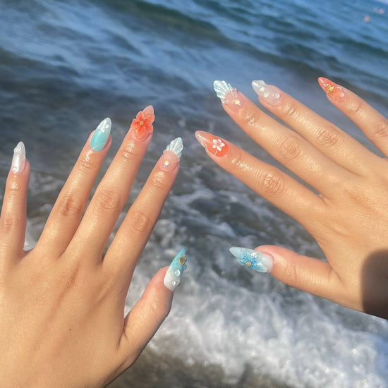 Handmade Tropical Ocean Press-On Nails – vibrant blue and coral tones with 3D seashells, flowers, starfish, and pearl accents. Perfect for  summer holidays, birthdays, vacations, or as a unique gift for her.