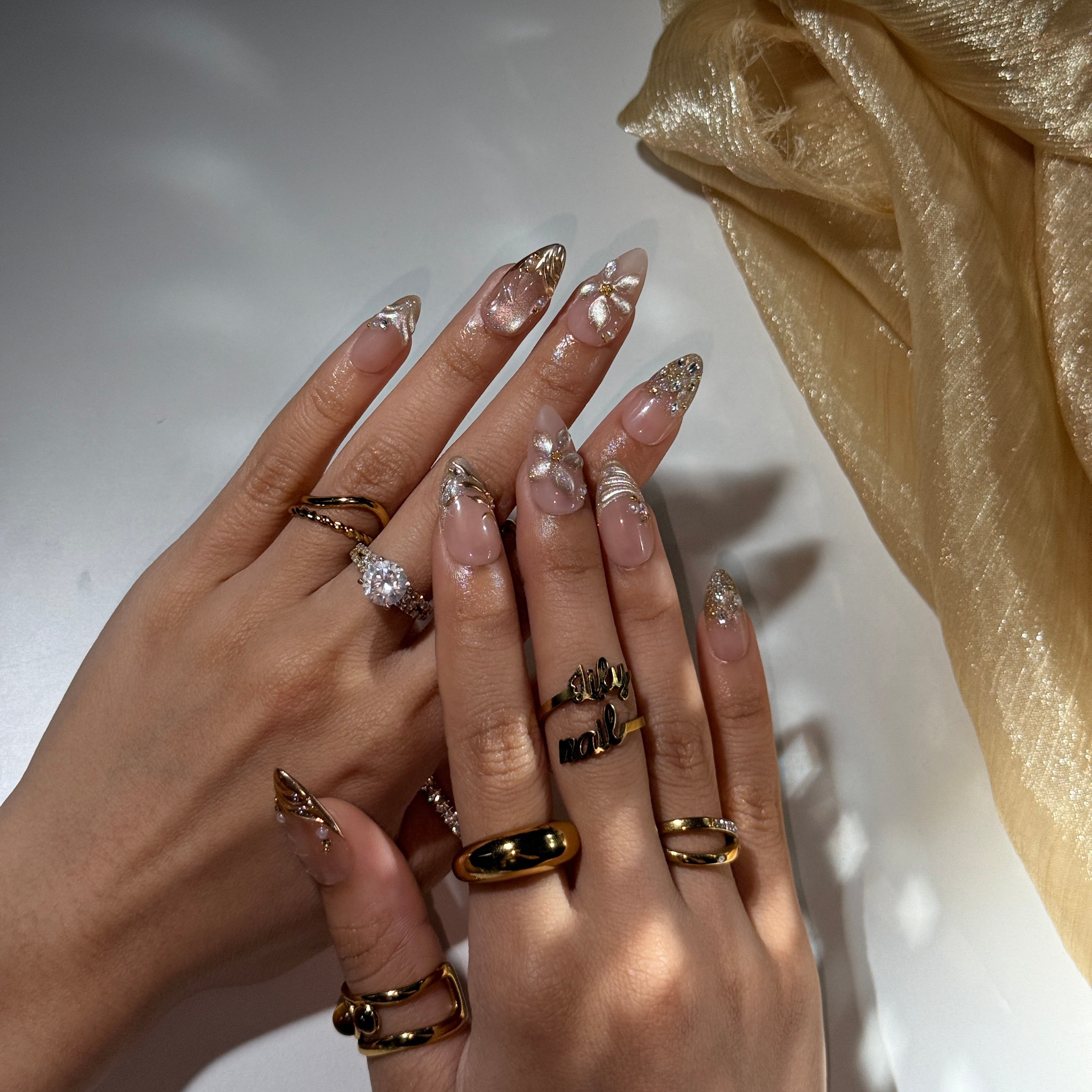 3D blush-to-gold shimmer press on nails with sculpted floral accents, embellished with crystals and pearls on a nude base — custom press on nails, luxury handmade nail art, fake nails, false nails, pressons — perfect for prom, galas, and special occasions