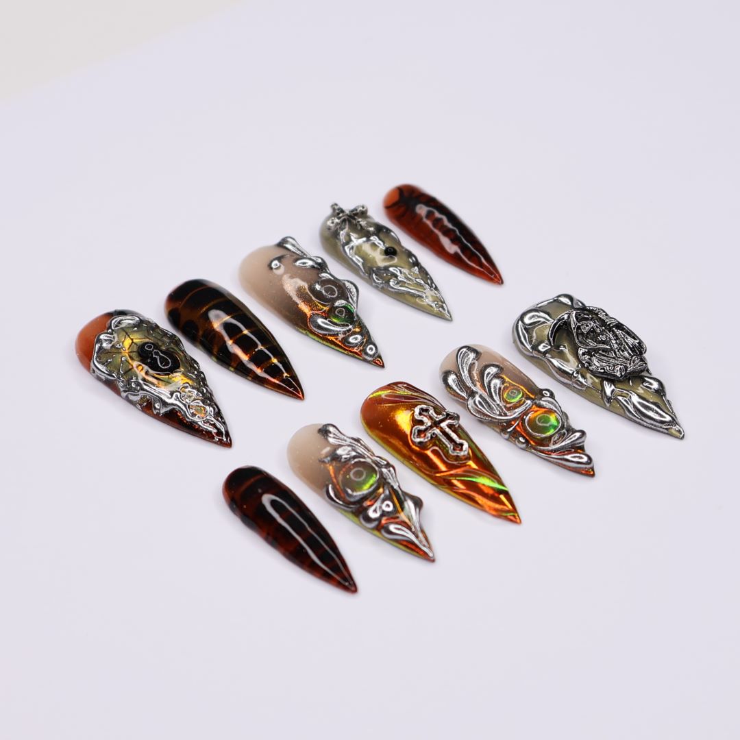 awesome gothic nail dark presson fake nails grim reaper gothi nail art design amber black silver press on nails