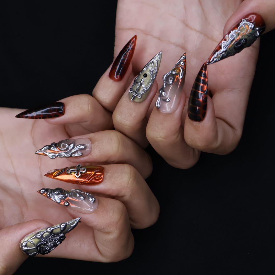 gothic nails press on nails gothic fake nails gothic accessories metal head nails metal nails vampire vibe nails fantasy press on nails fantasy fake nails