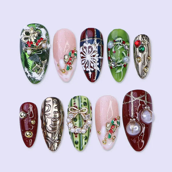 3D Christmas press on nails design in red, green and gold, featuring pearls, snowflakes, wreaths, and bauble charms — luxury holiday fake nails, handmade festive nail art, perfect for Christmas events, winter glam, or as a gift for her.